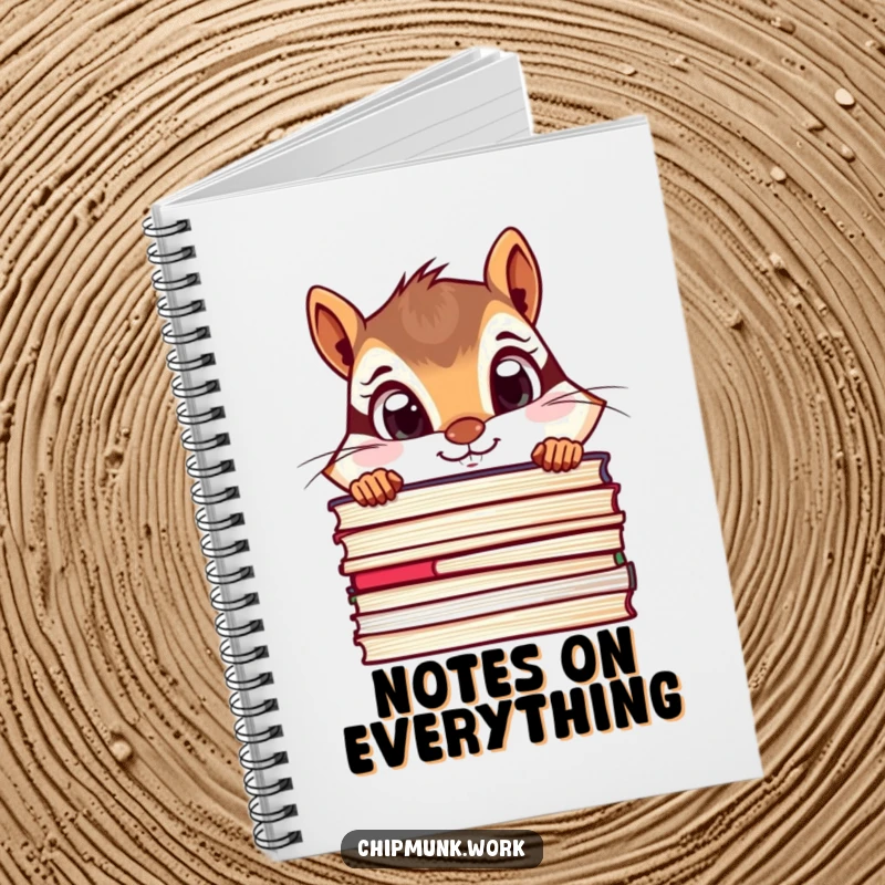 Funny chipmunk notebook with a curious chipmunk peeking over a stack of files with wide eyes, for notes.