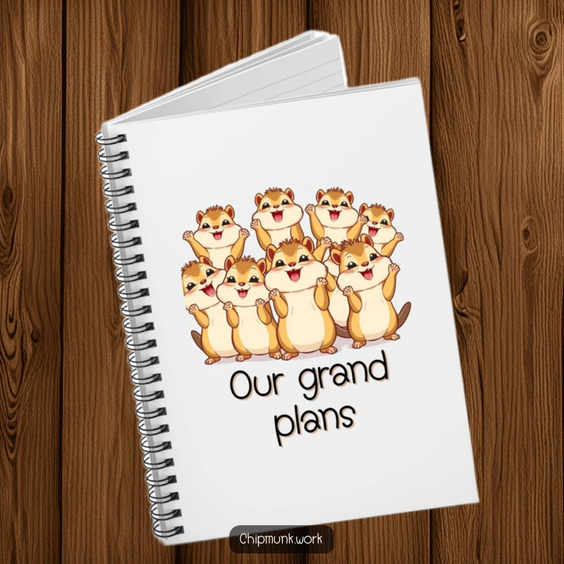 Funny notebook cover featuring a group of kawaii chipmunks cheering with tiny paws raised, perfect for jotting down happy thoughts.
