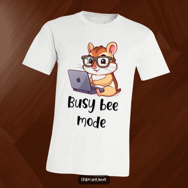 Funny chipmunk in big glasses, furiously typing on a mini laptop, radiating intense focus and geeky charm.