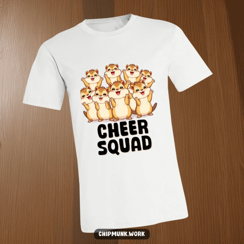 Funny t-shirt printed with a group of cute kawaii chipmunks enthusiastically cheering with their tiny paws in the air, radiating happiness.