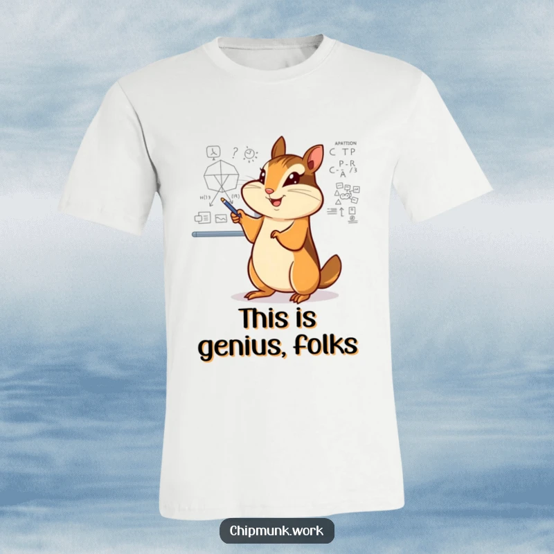 Funny chipmunk t-shirt, enthusiastically pointing at a complex diagram on a whiteboard, radiating intellectual energy.