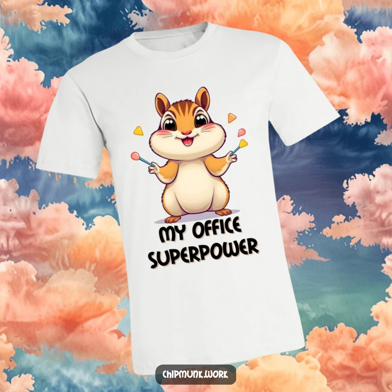 Funny Chipmunk T-Shirt: Energetic chipmunk juggling multiple staplers with wide, excited eyes, embodying playful mayhem, a funny gift.