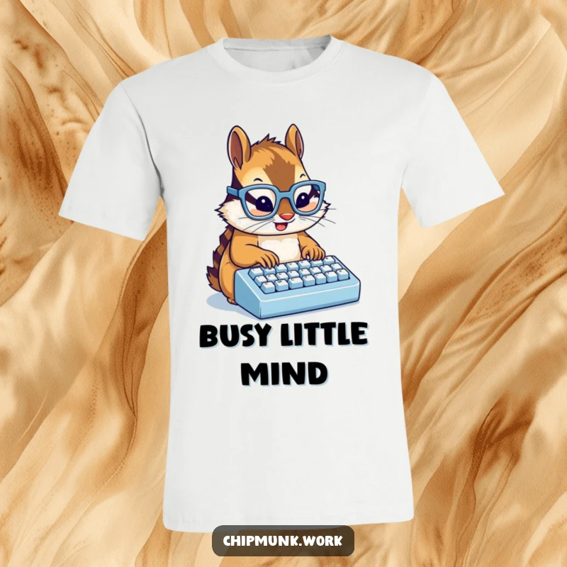 Funny chipmunk with glasses typing enthusiastically on a miniature keyboard graphic t-shirt, a humorous gift.