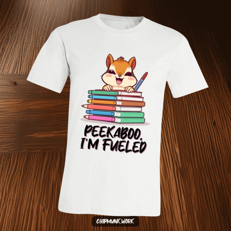 Funny chipmunk gleefully peeking from behind colorful office supplies graphic t-shirt, a humorous gift.