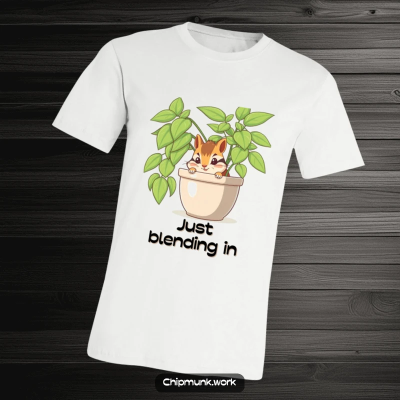 Funny chipmunk peeking out from a lush potted office plant, a hilarious addition to casual wear.