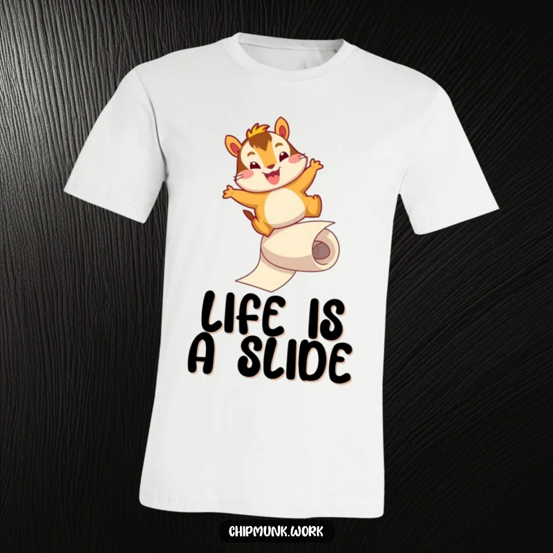 Funny t-shirt featuring an energetically leaping chipmunk sliding down a paper roll. A humorous and dynamic design for active individuals.