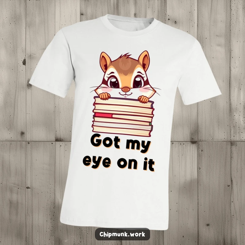 Funny chipmunk t-shirt of a curious chipmunk peeking over a stack of files with wide, inquisitive eyes.