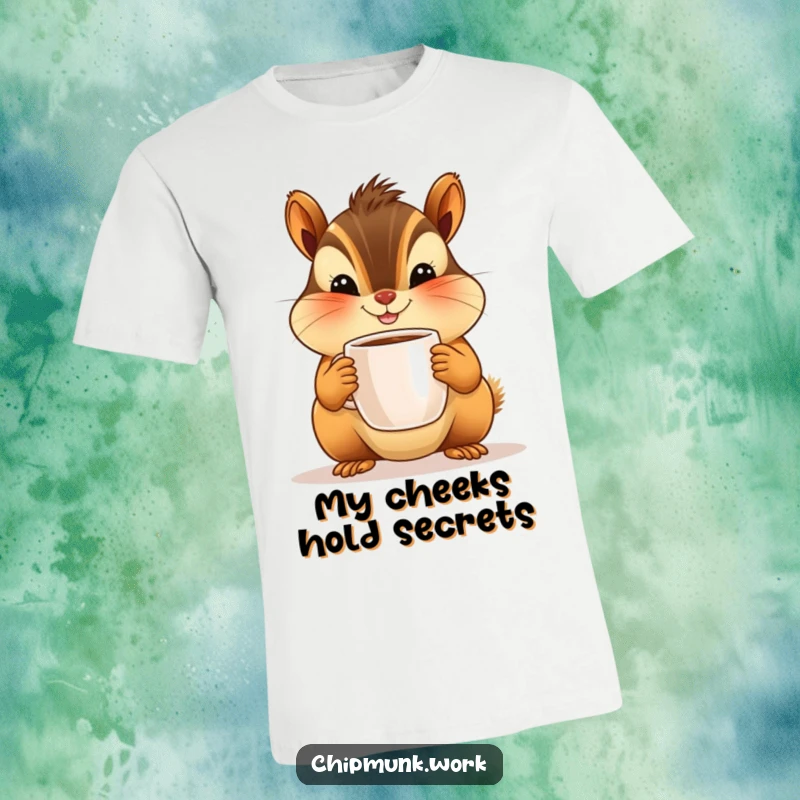 Funny t-shirt featuring a chipmunk with plump cheeks and a happy smile offering a tiny coffee cup. Cute and humorous animal design.