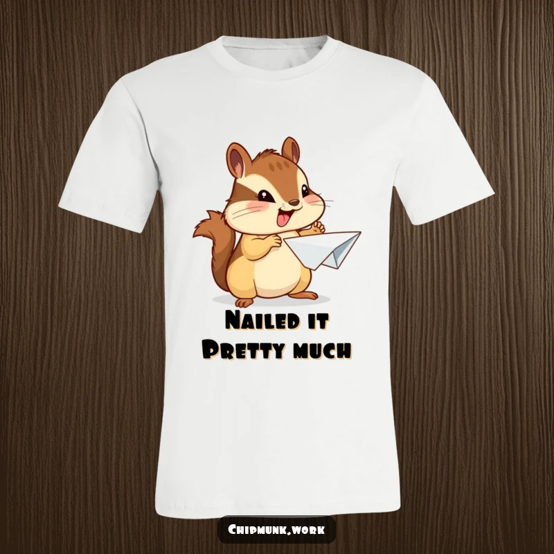 Funny chipmunk t-shirt of an enthusiastic chipmunk proudly presenting a crumpled paper airplane, great for creatives.