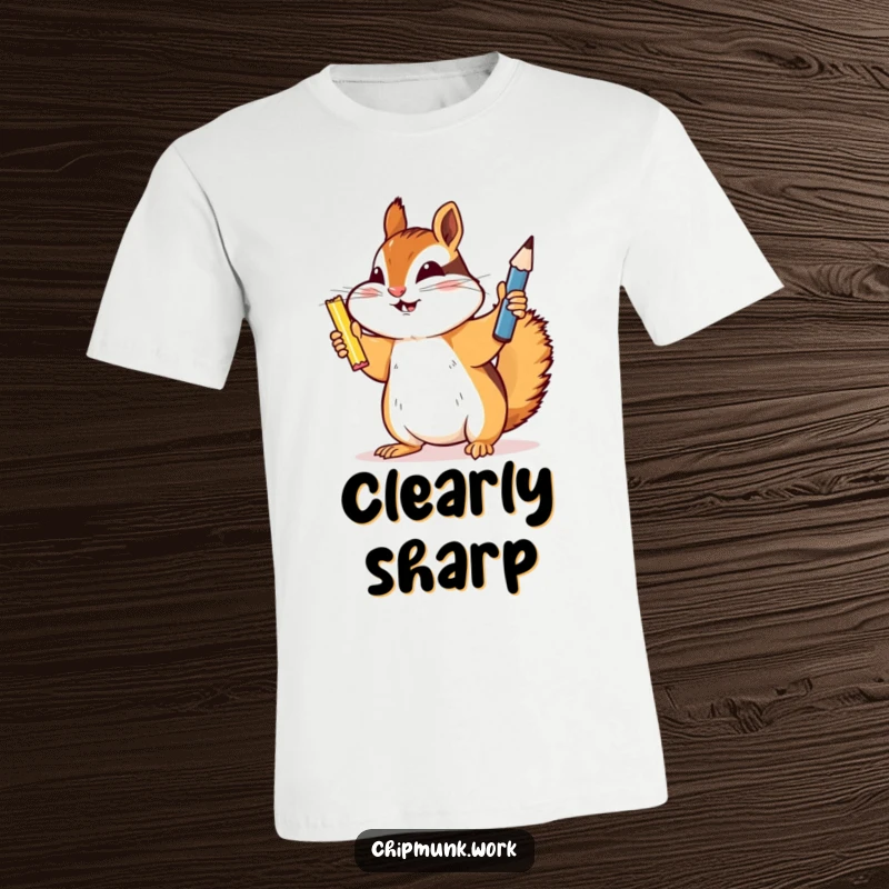 Funny chipmunk t-shirt, holding a newly sharpened pencil aloft in triumph, symbolizing success and readiness for action.