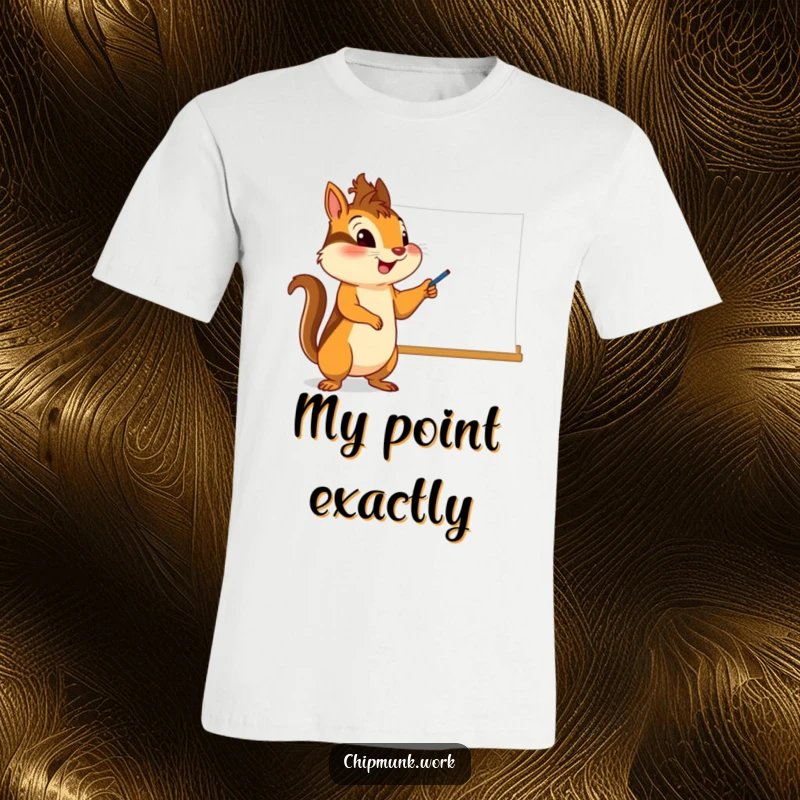 Funny chipmunk t-shirt, character enthusiastically pointing at a whiteboard, conveying excitement and clarity in presentation.