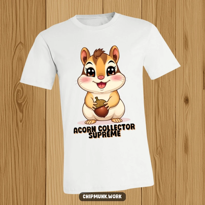 Funny Happy Chipmunk T-Shirt featuring a cheerful chipmunk presenting an acorn, embodying pure joy and humor, a fantastic funny gift.