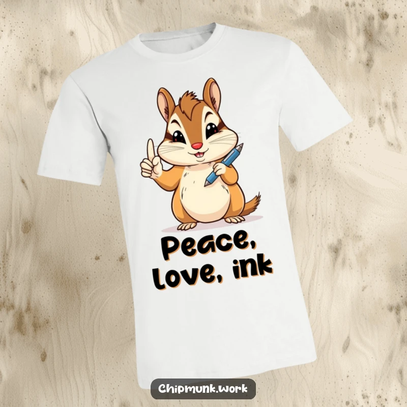 Funny peace sign chipmunk t-shirt showing a chipmunk holding a pen jauntily, a cool funny gift.