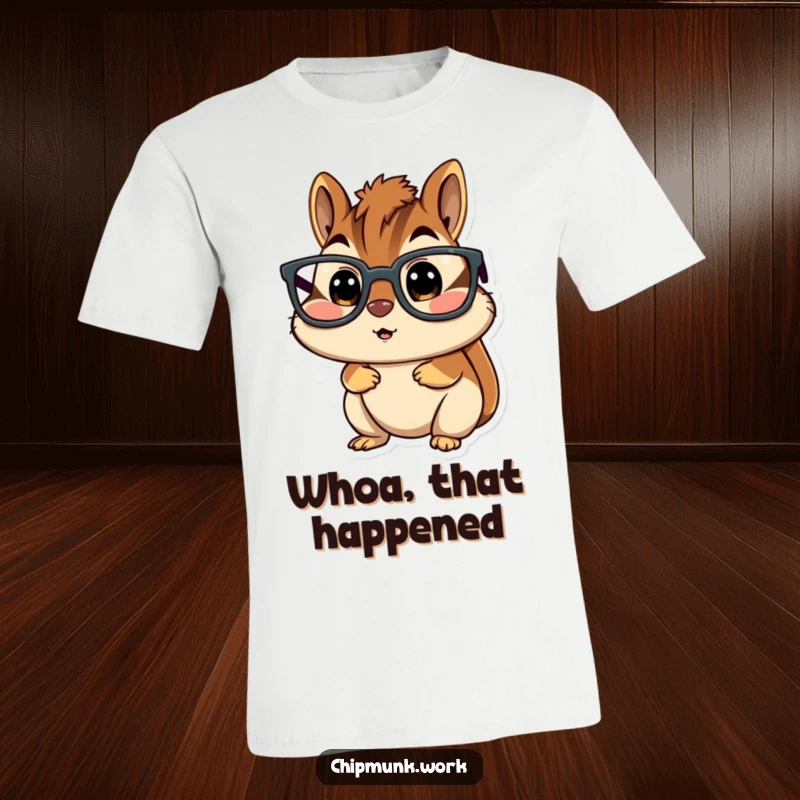 Funny chipmunk t-shirt, character wearing huge glasses, looking extremely surprised with wide eyes and a shocked expression.