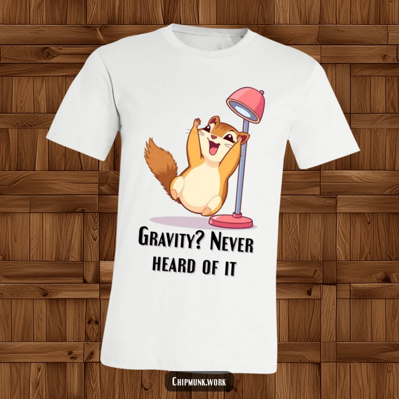 Funny chipmunk t-shirt, hanging upside down from a desk lamp, captured mid-giggle, radiating pure amusement.