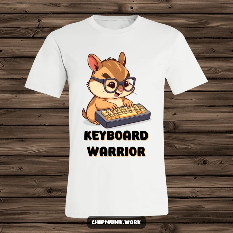 Funny t-shirt depicting a cute chibi chipmunk wearing glasses, furiously typing on a mini keyboard.