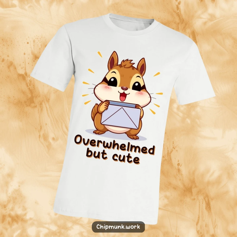 Funny surprised chipmunk t-shirt showing a chipmunk shocked by a bursting inbox icon, a hilarious funny gift.