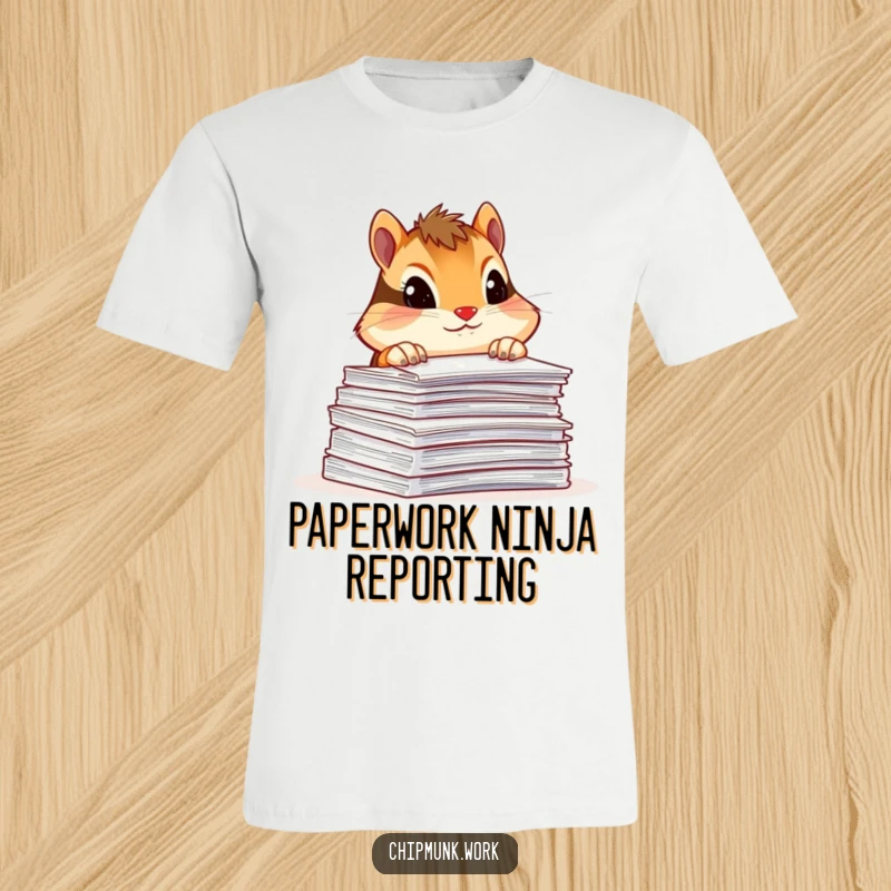 Funny chipmunk t-shirt, peeking curiously over a large stack of documents, capturing the essence of office overload humor.