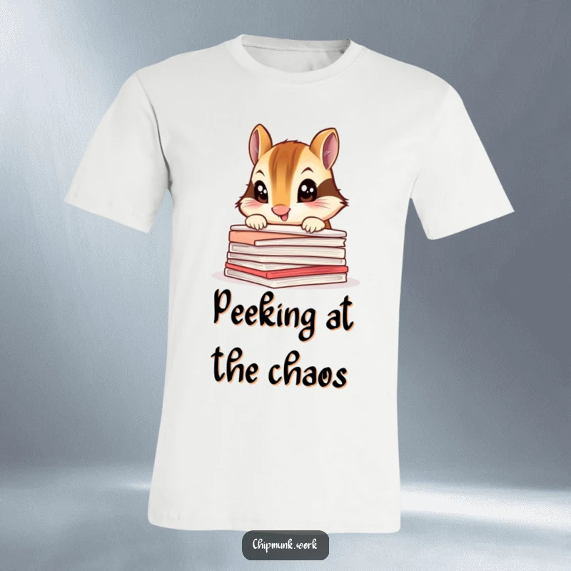 Funny chipmunk t-shirt, a curious critter peeking over a pile of documents with wide eyes.