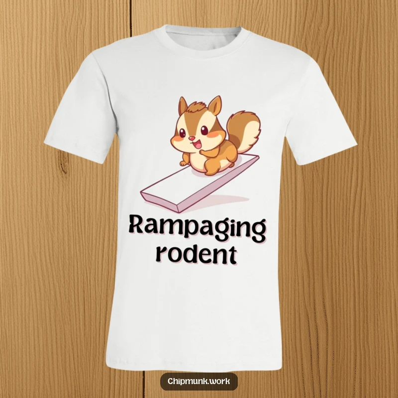 Funny chimpanzee t-shirt, cheerfully sliding down a paper ramp, dynamic and happy rodent graphic.
