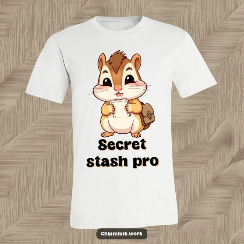 Funny t-shirt: a mischievous chipmunk with bulging cheeks stuffing papers into a tiny satchel, printed with a humorous, relatable theme.