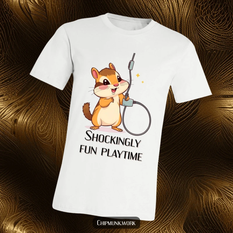 Funny t-shirt depicting a chipmunk playfully batting at a dangling electrical cord, showcasing a mischievous and daring spirit.