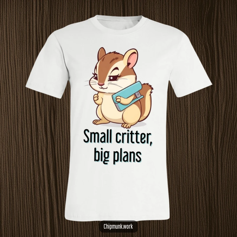 Funny T-Shirt: A focused chipmunk with a determined look, aggressively stapling papers with a comically small stapler.