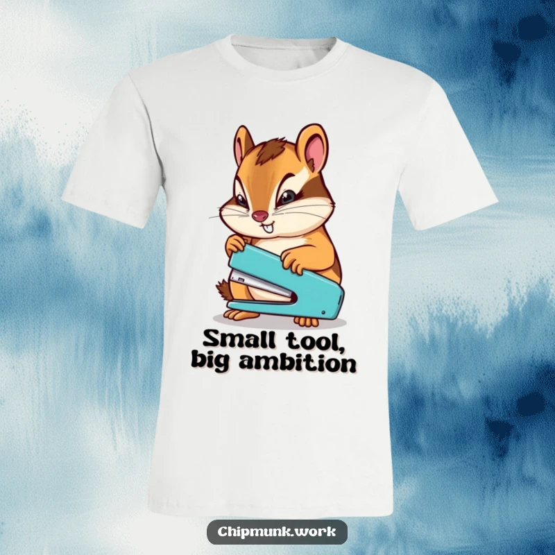 Funny chipmunk intensely using a small stapler, a determined expression for a humorous t-shirt about productivity.