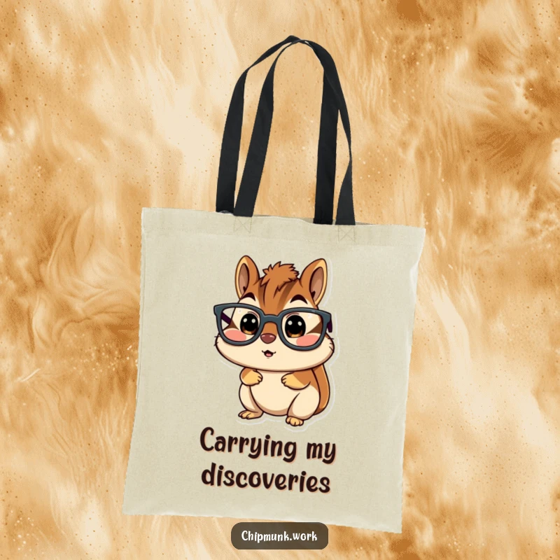 Funny chipmunk tote bag, character wearing large glasses, looking utterly surprised with wide eyes and an open mouth.