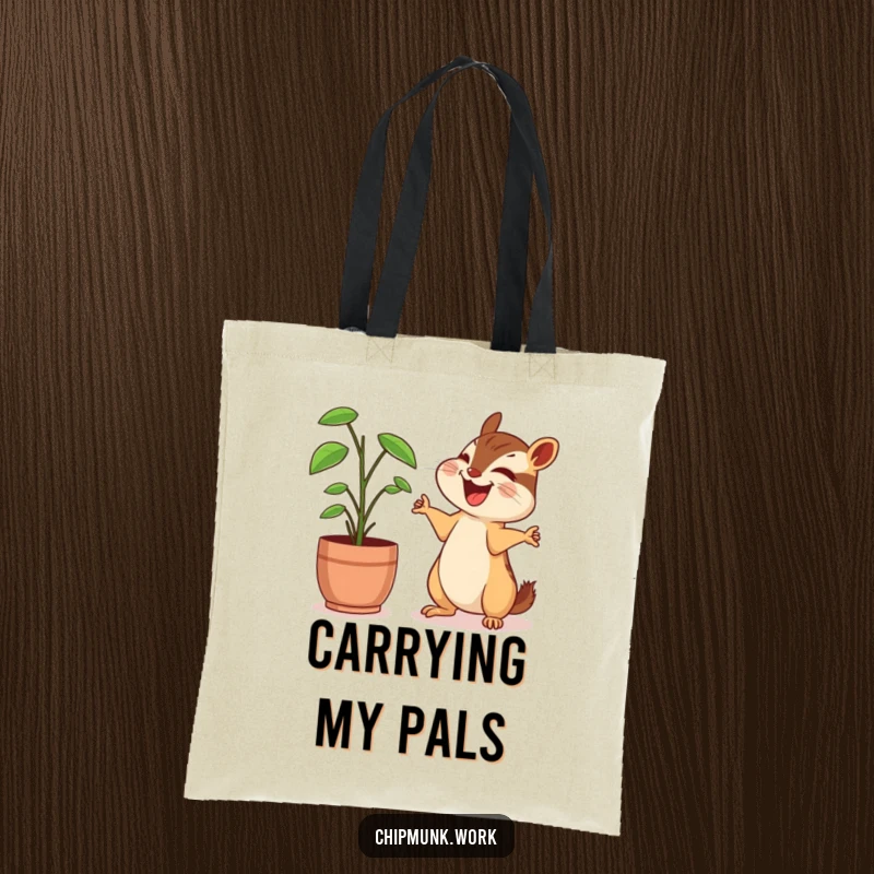 Funny chipmunk tote bag, sharing a laugh with a desk plant, arms outstretched in a friendly gesture, perfect for office essentials.