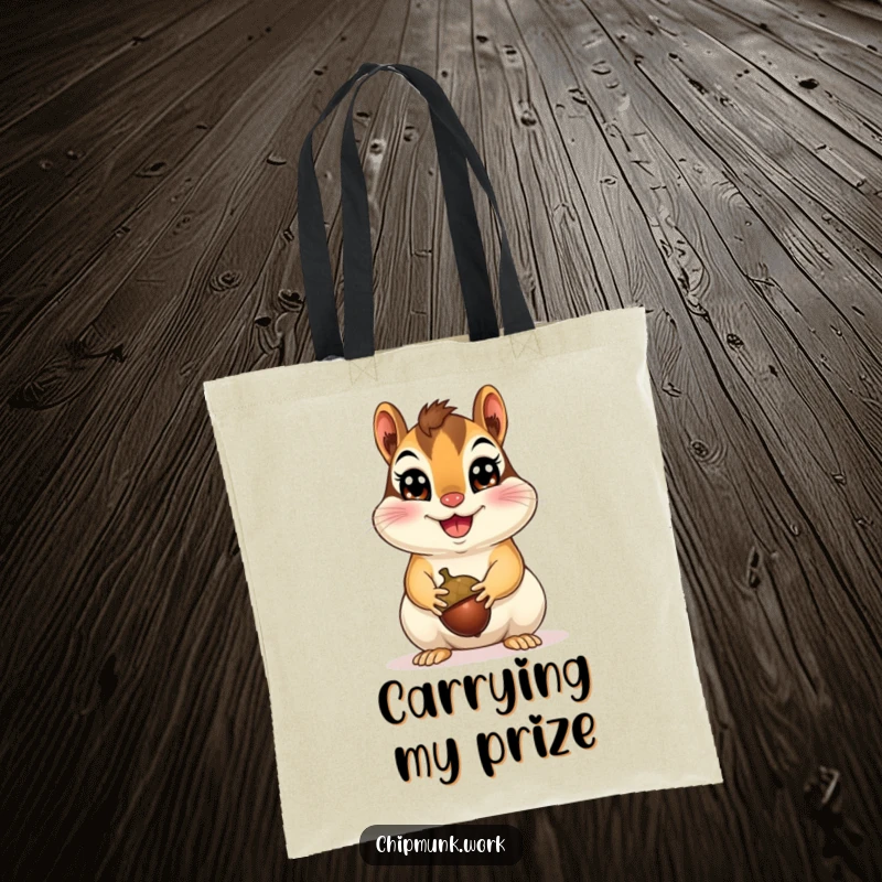 Funny Happy Chipmunk Tote Bag featuring a cheerful chipmunk presenting an acorn, perfect for carrying items with a humorous and joyful theme, a great funny gift.