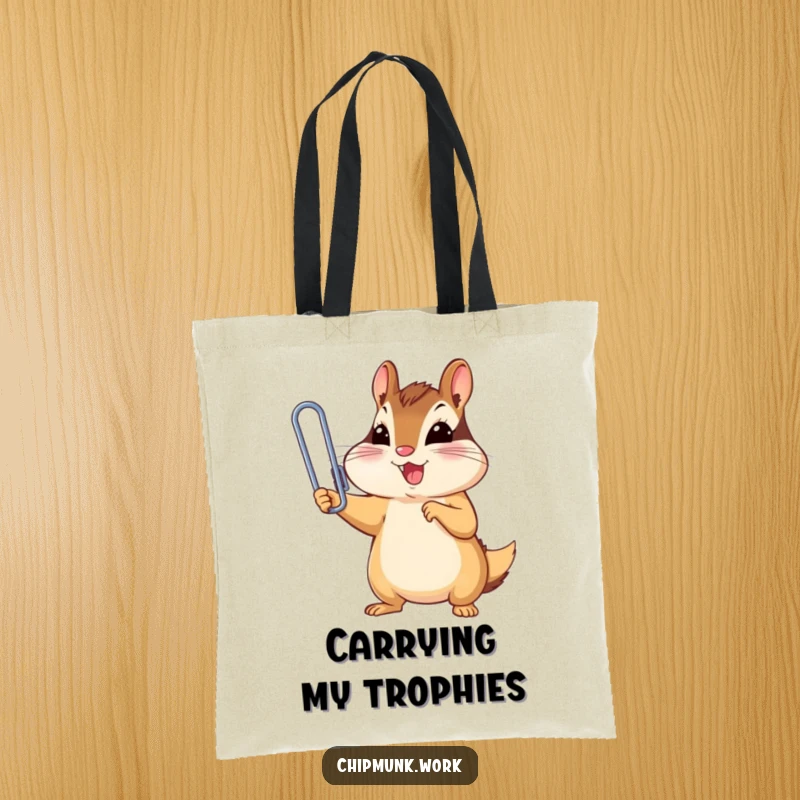 Funny chipmunk triumphantly holding a tiny, oversized paperclip, a spacious and humorous tote bag for a funny gift.