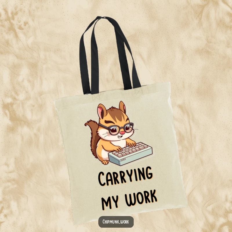 Funny Chipmunk Typist Tote Bag: A humorous tote bag with a tiny, glasses-wearing chipmunk typing diligently on a miniature keyboard.