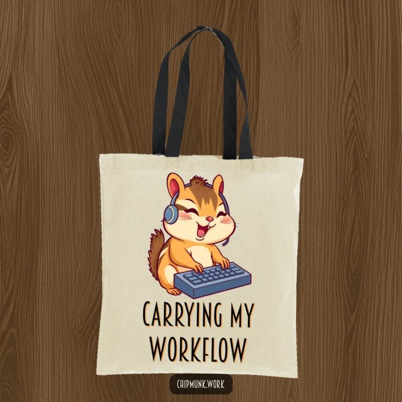 Funny chipmunk with a headset typing excitedly on a keyboard, featured on a tote bag for carrying gaming essentials with humor.