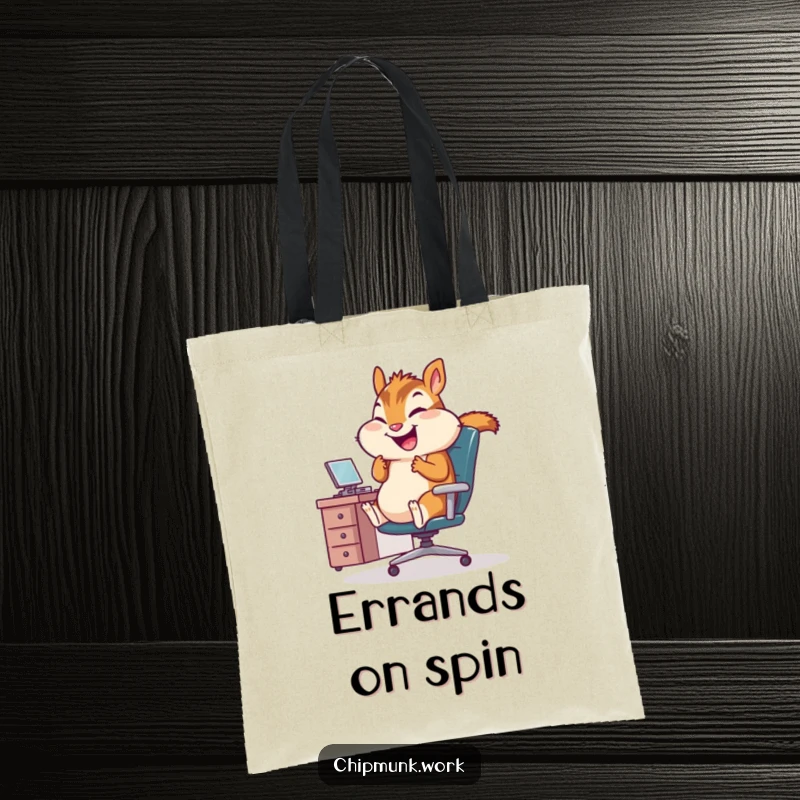 Funny Office Chipmunk Tote Bag: Durable tote showcasing a chipmunk giggling while spinning in an office chair, ideal for work essentials.
