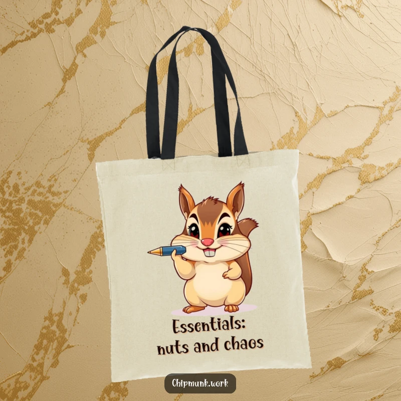 Funny chipmunk with a mischievous grin balances a pen on its nose, printed on a durable tote bag.