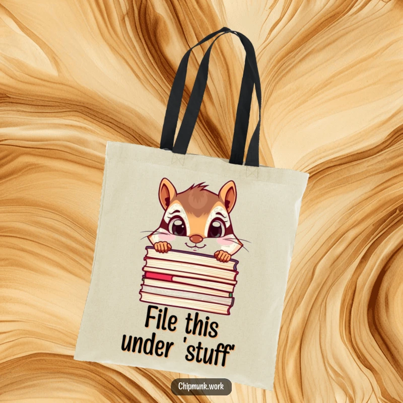 Funny chipmunk tote bag with a curious chipmunk peeking over a stack of files with wide eyes, great for errands.