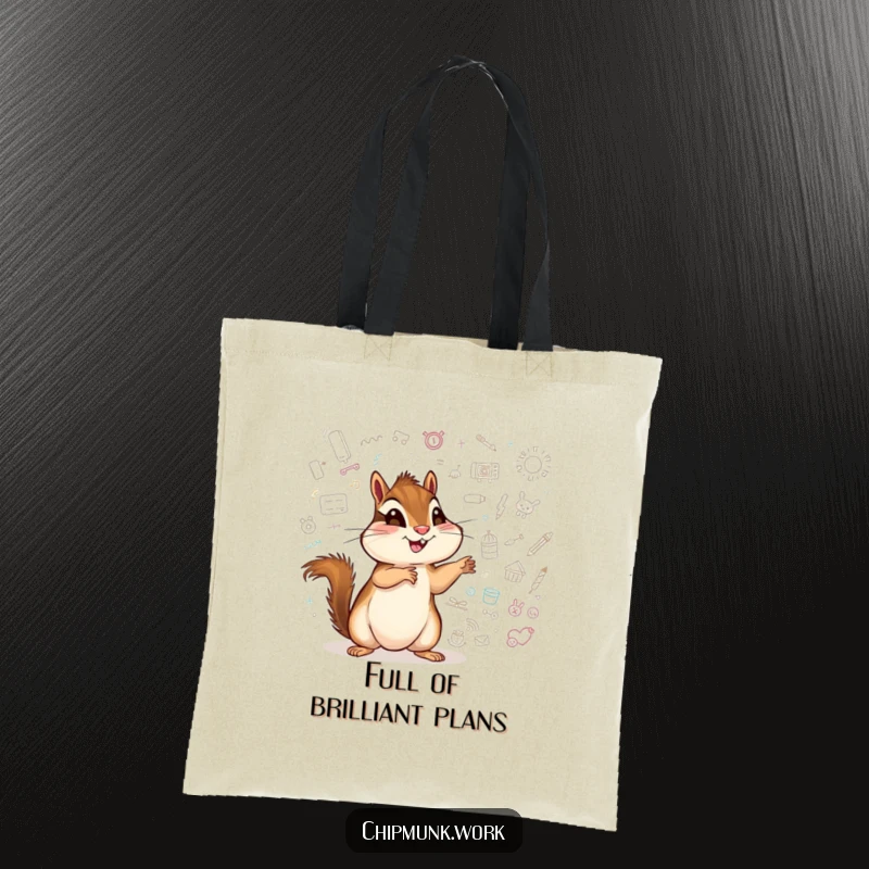 Funny chipmunk tote bag, an excited critter pointing at a whiteboard full of colorful doodles.