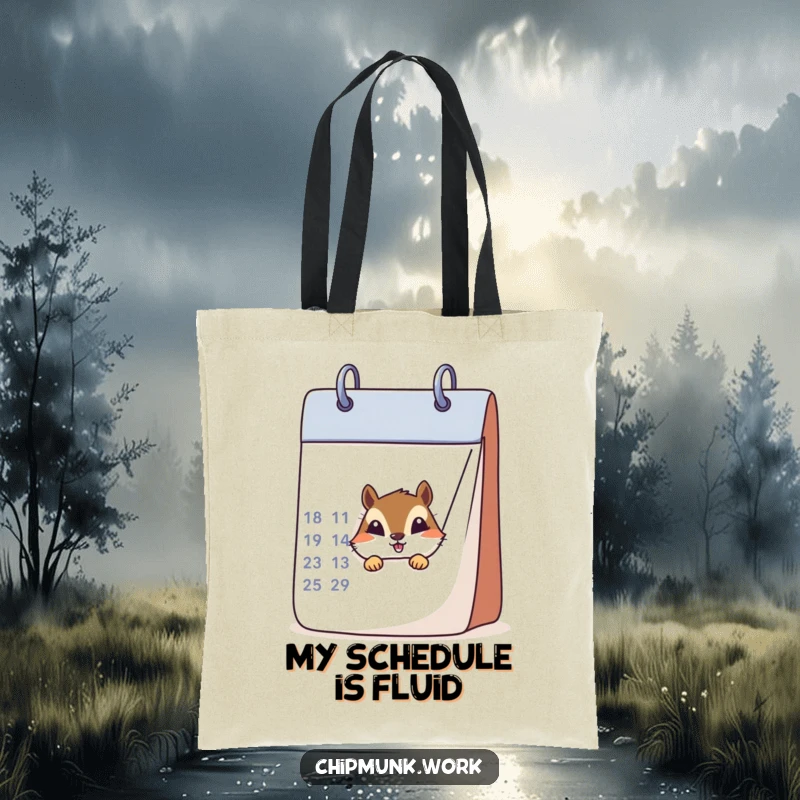 Funny chipmunk peeking from behind a stylized calendar on a durable tote bag, perfect for carrying humor.