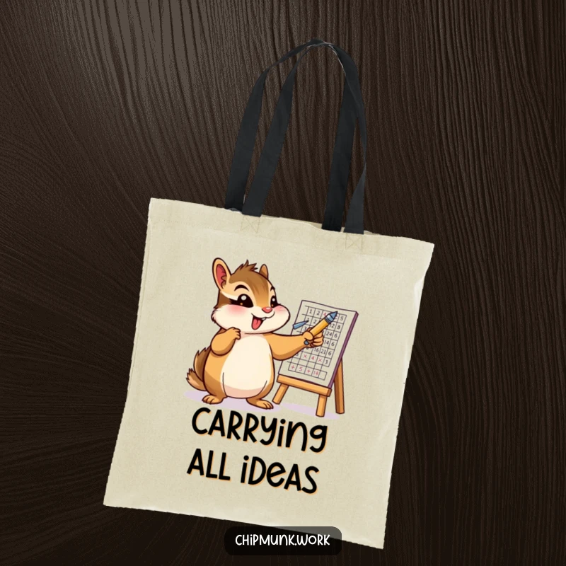 Funny tote bag depicting an energetic chipmunk actively presenting data using a pen and chart. A humorous and practical accessory.