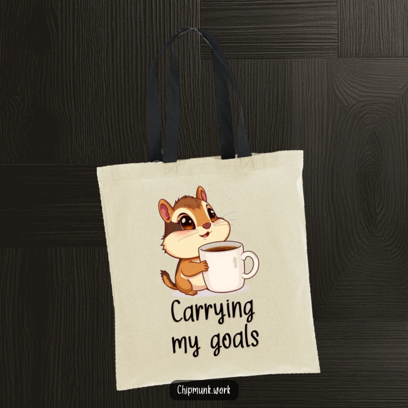 Funny chipmunk with wide eyes admiring a coffee mug, cute tote bag design, coffee obsession.