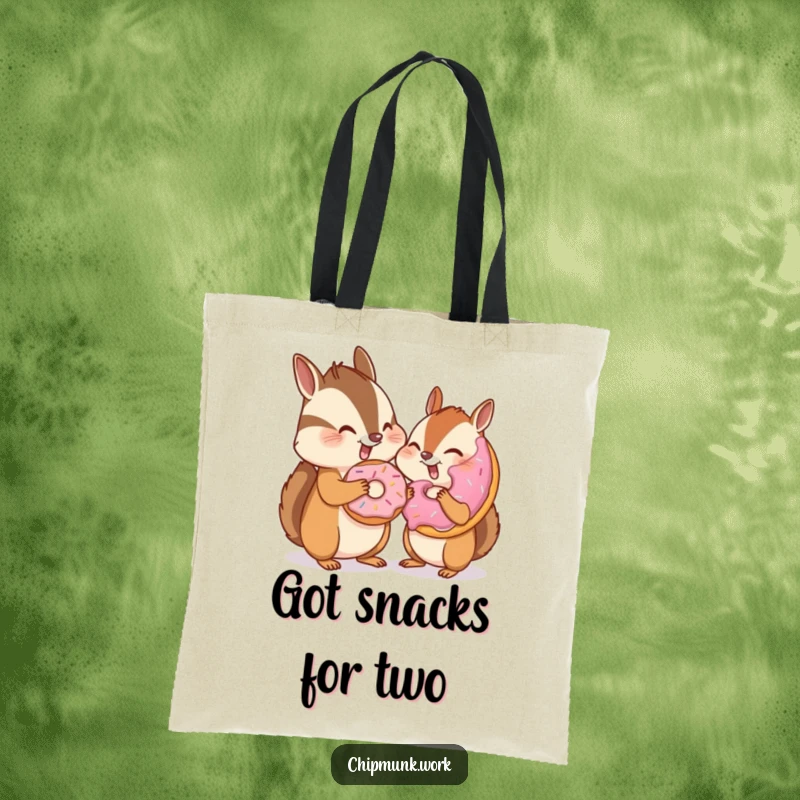 Funny chipmunk winking and sharing a donut with an invisible friend on a tote bag, perfect for carrying treats and spreading humor, a gift.