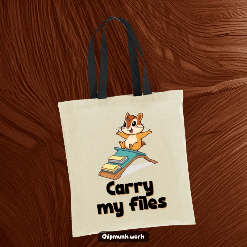 Funny chipmunk sliding down a ramp made of file folders, printed on a practical tote bag for stylish and humorous office commutes.