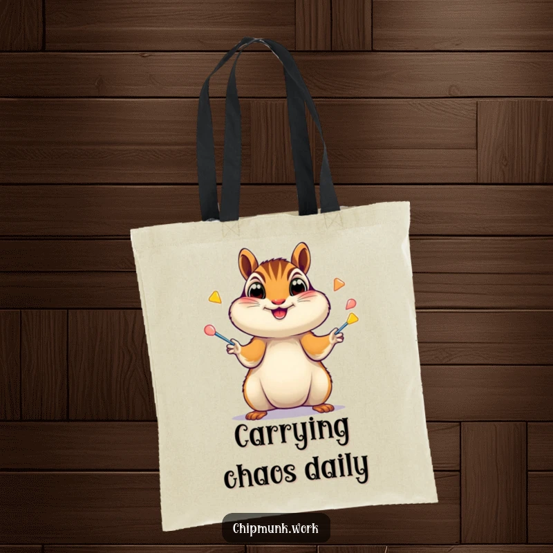 Funny Chipmunk Tote Bag: Excited chipmunk juggling staplers with wide eyes, a vibrant and funny accessory, great funny gift.