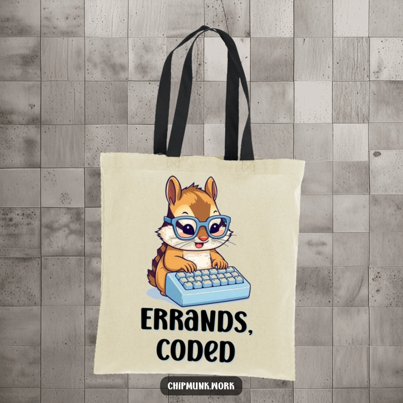 Funny chipmunk with glasses typing on a miniature keyboard, a spacious and humorous tote bag for a funny gift.
