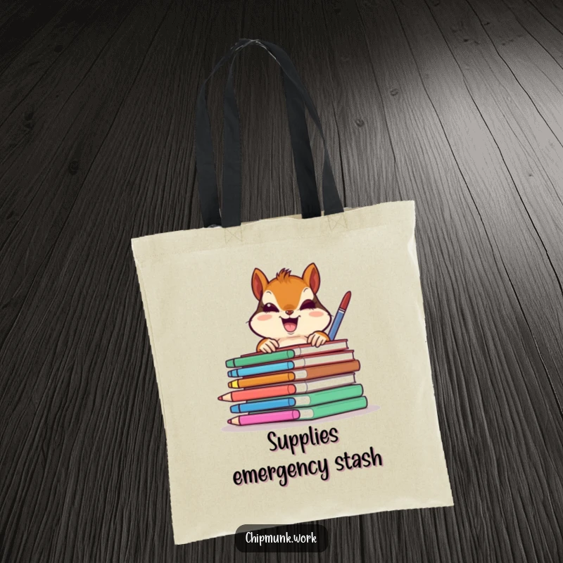 Funny chipmunk gleefully peeking from behind colorful office supplies, a spacious and humorous tote bag for a funny gift.