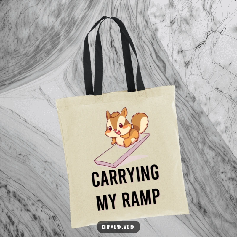 Funny chimpanzee tote bag, cheerfully sliding down a paper ramp, dynamic and humorous accessory.