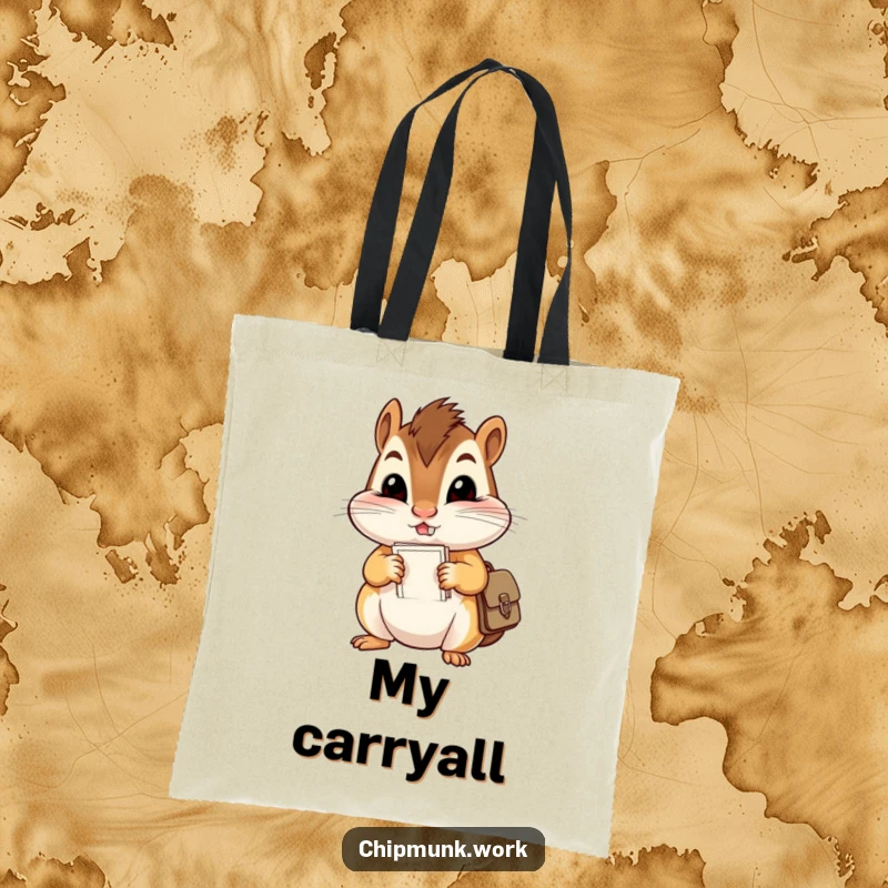 Funny tote bag illustrated with a mischievous chipmunk stuffing papers into a tiny satchel, showcasing its comical, overloaded state.