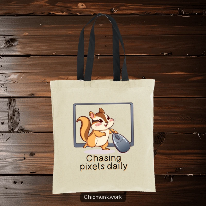 Funny Chipmunk Tote Bag: Durable tote showcasing a chipmunk energetically chasing a computer mouse cursor, embodying playful tech engagement.