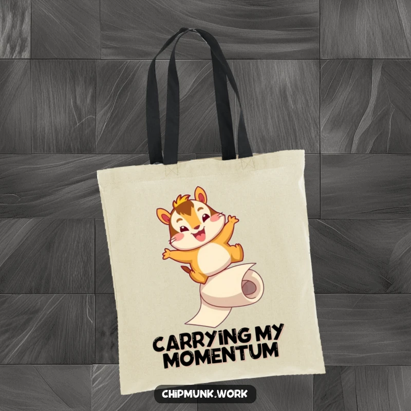 Funny tote bag showing an energetic chipmunk character sliding down a roll of paper with a joyful leap. A whimsical and practical accessory.